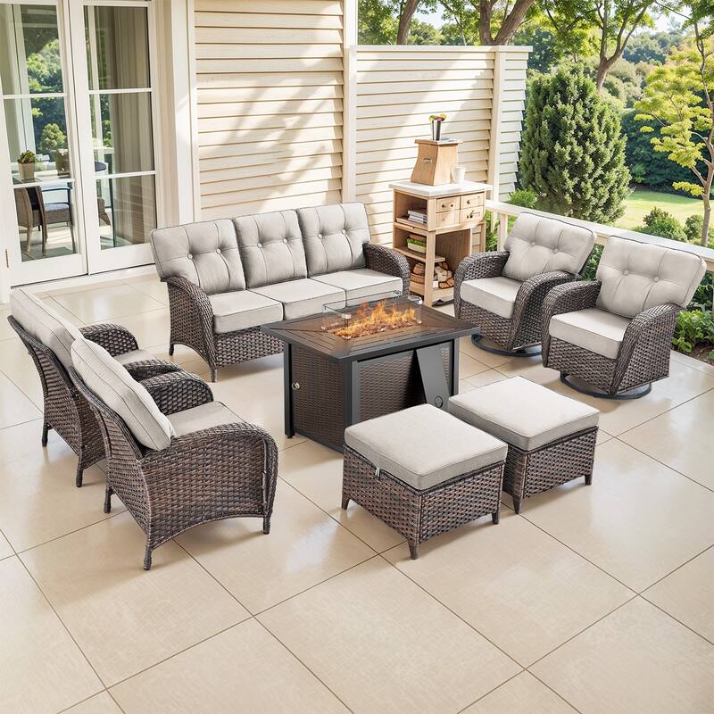 Pocassy Outdoor 43 In Fire Table with Sofa Patio Swivel Chair Set - Brown Wicker Beige Cushion - 8-Piece Patio Sofa Chair Ottoman with Fire Table