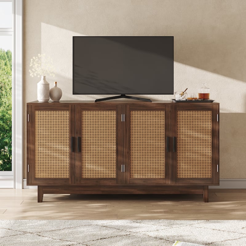 Wood TV Stand for up to 60" TVs with Four Rottan Doors
