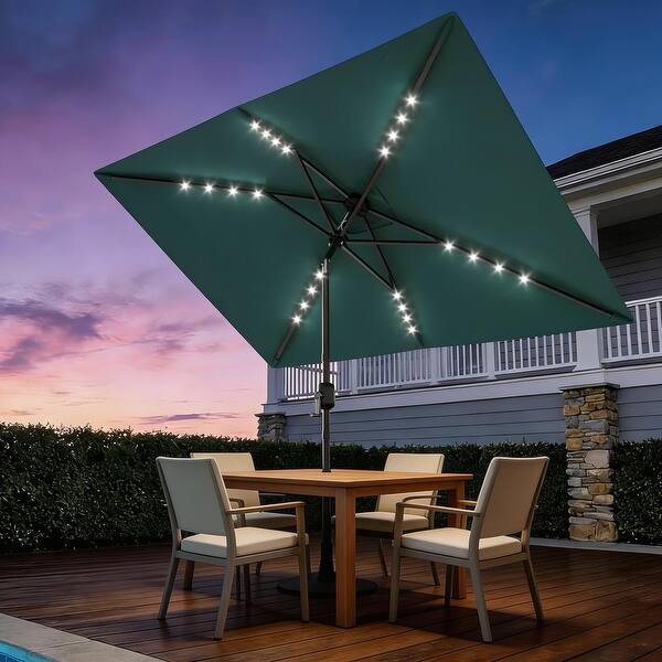 10 rectangular patio umbrella FIM Flexy Aluminum 10' x 14' Offset coated steel pole paired with 6 heavy Bambrella Levante 10' Market Umbrella;