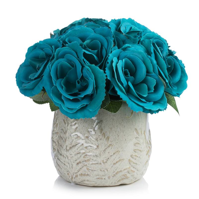 Enova Home Artificial Velvet Roses Faux Silk Flowers Arrangement in Round Tapered Ceramic Pot for Home Wedding Decoration - Aqua