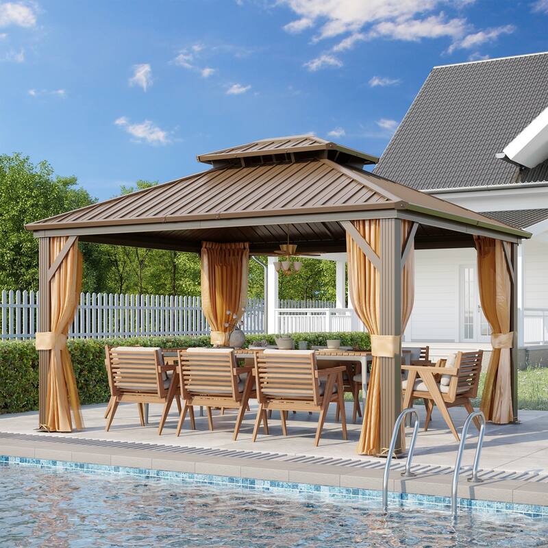 EROMMY 12x14 Outdoor Hardtop Gazebo w a Galvanized Steel Double Roof and Aluminum Frame, Enhanced with Curtains and Nettings