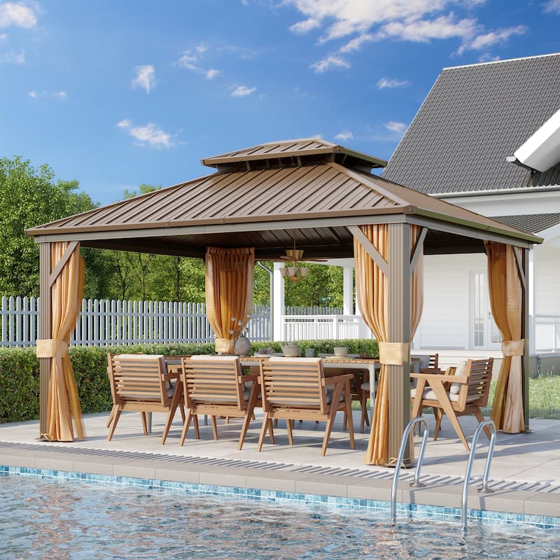 Outdoor Hardtop Gazebo with Galvanized Steel Double Roof & Aluminum Frame, Outdoor pergola with Premium Curtains and Nettings - 12'x14' - Aluminum Frame
