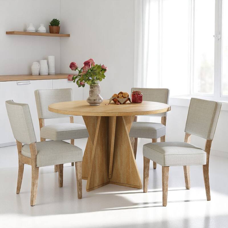 Retro 5-Piece Kitchen Table Set, Round Dining Table with Base Support and 4 Upholstered Dining Chairs