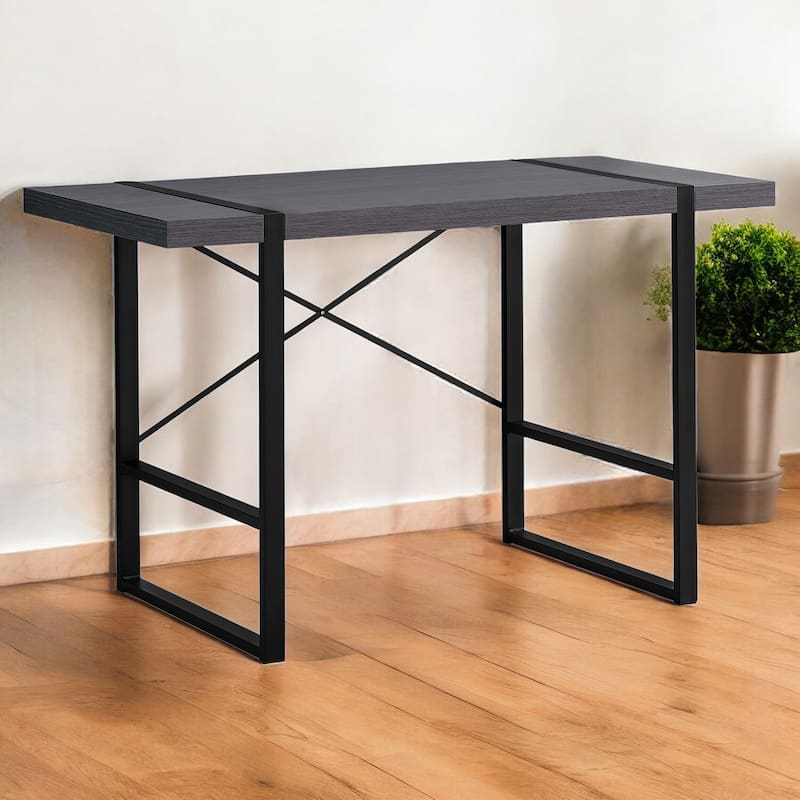 Wood Veneer Computer Desk with Black Metal Base and Rectangular Shape