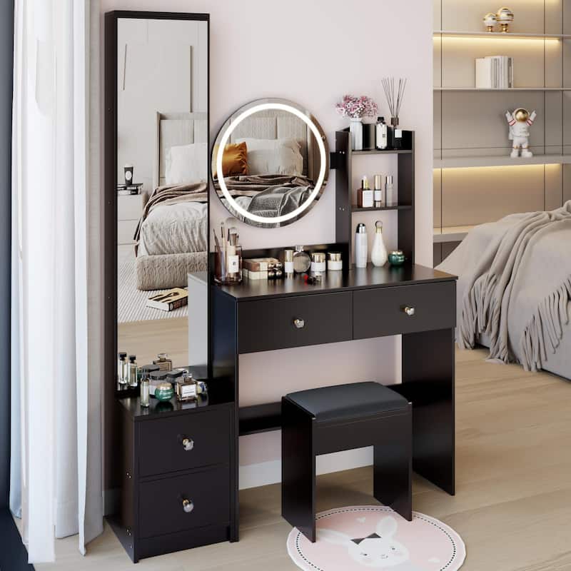 Makeup Vanity Table with Round LED Mirror