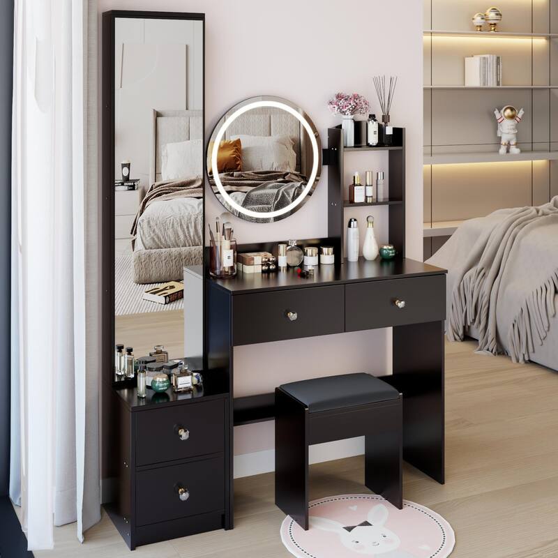 Round Mirror LED Vanity Table, Touch Control Makeup Cabinet, Vanity Set with Full Body Mirror Cabinet & Cushioned Stool