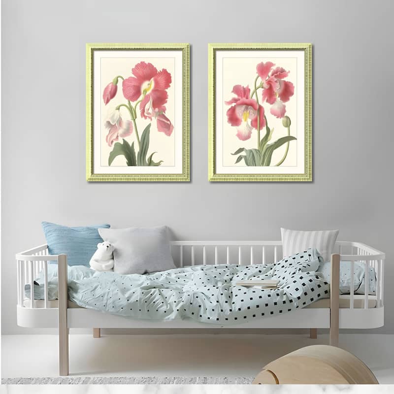 Set of 3 Pink Flower Framed Wall Art - Botanical Floral Prints with Wood Picture Frames, Antique Frame Style Wall Decor