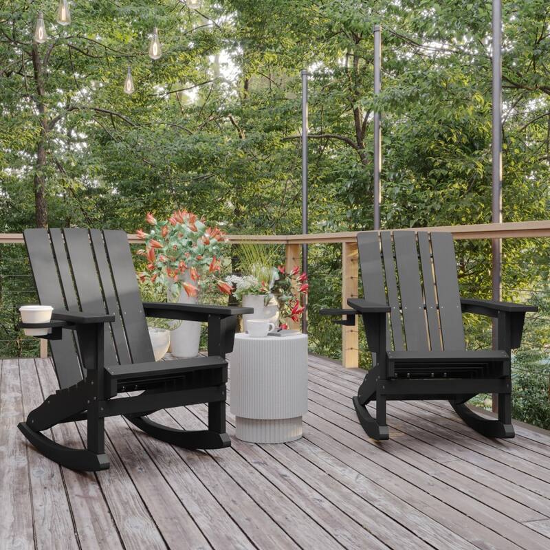 All-Weather Rocking Adirondack Chair with Swiveling Cupholder - Gray