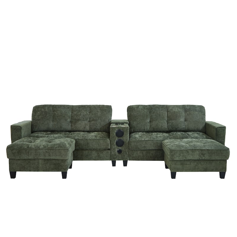 Modular U-shaped Sectional Sofa Couch with Movable Storage Ottomans, Multifunctional Console, Bluetooth Speakers and LED Lights