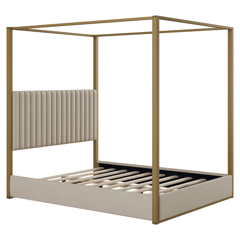 Roomfitters Queen Upholstered Canopy Platform Bed with Padded Headboard and Sturdy Metal Frame, Beige