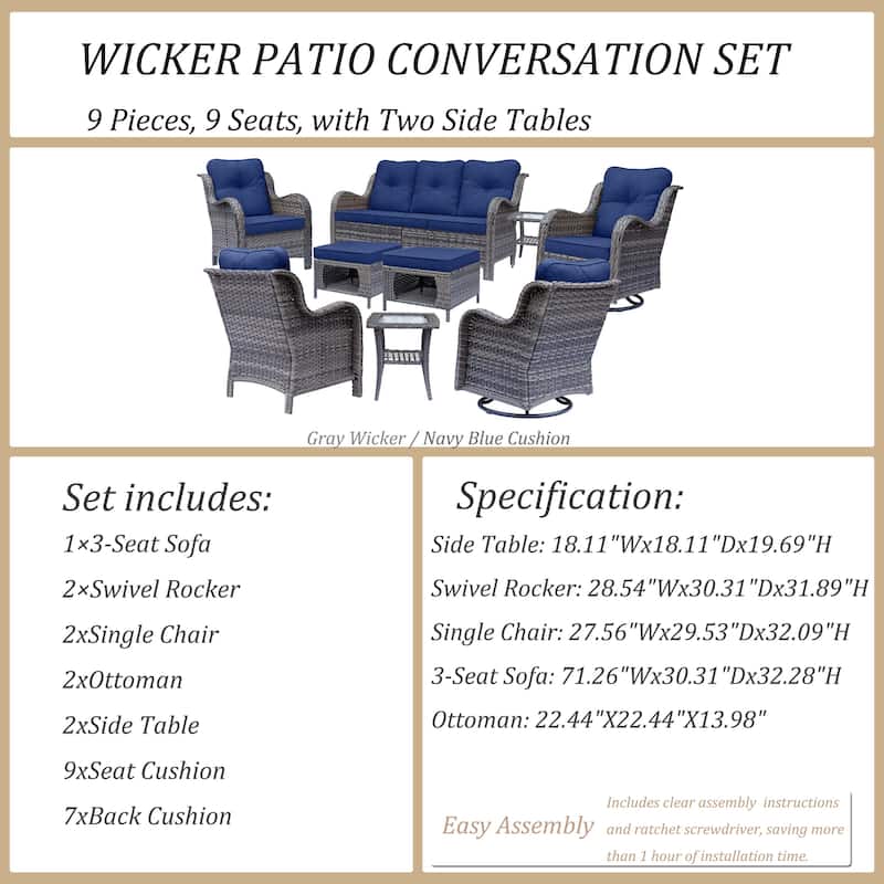 9 Piece Outdoor Wicker Patio Conversation Furniture Swivel Chairs Sets