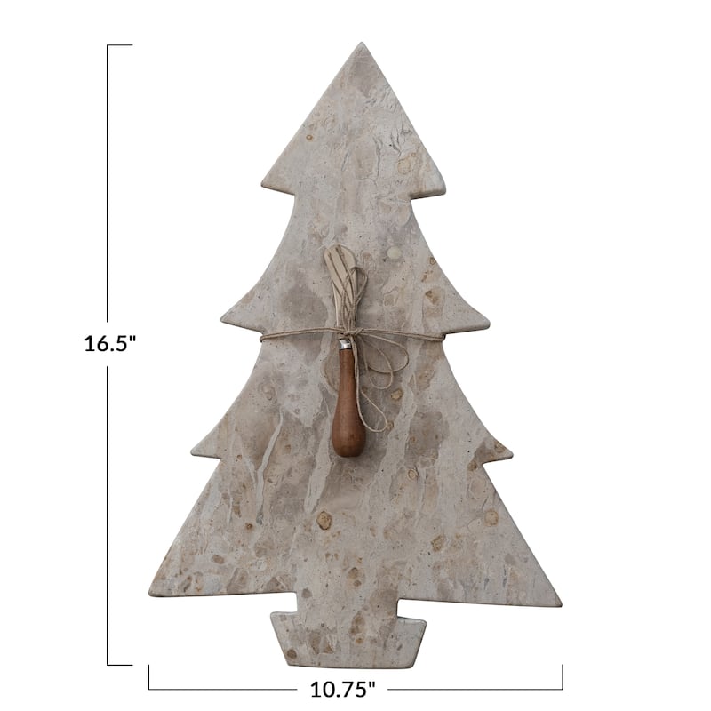 Marble Tree Shaped Cheese and Cutting Board with Stainless Steel and Mango Wood Canape Knife - 16.5"L x 10.75"W x 0.5"H