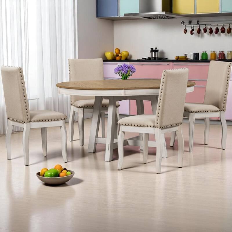 5-Piece Farmhouse Dining Set, Round Extendable Table with 4 Upholstered Chairs, Wood Dining Set for Kitchen and Dining Room