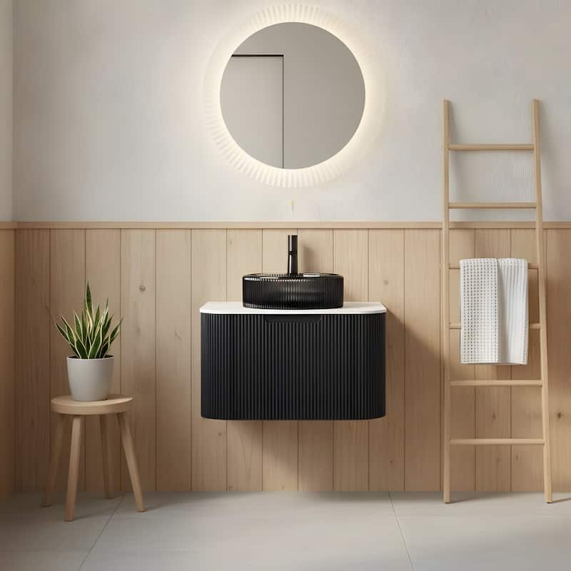 Wall Mounted Bathroom Vanity with Transparent Black Round Glass Basin