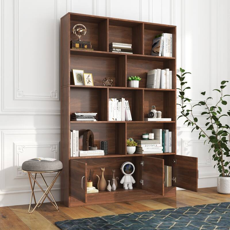 Tall Bookshelf with 10 Cubes and 3 Doors 4 Tier,Bookshelf,Modern Cube Storage Organizer for Living Room, and Office