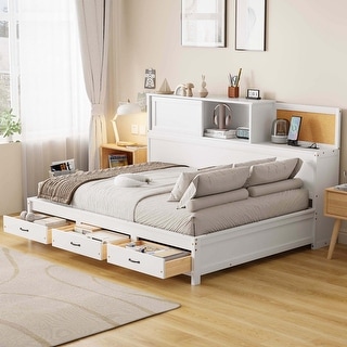 Platform Daybed with USB Charging and Sockets, Wooden Daybed Frame with Pushable Top Shelf 3 Drawers No Box Spring Needed