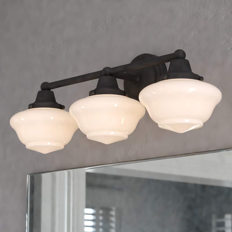 VAXCEL Eastgate Bathroom Vanity Wall Light Fixture, White Frosted Opal Glass Schoolhouse Shade, Dimmable, LED Compatible - Matte Black - 23-in W x 8.75-in H x 7.75-in D