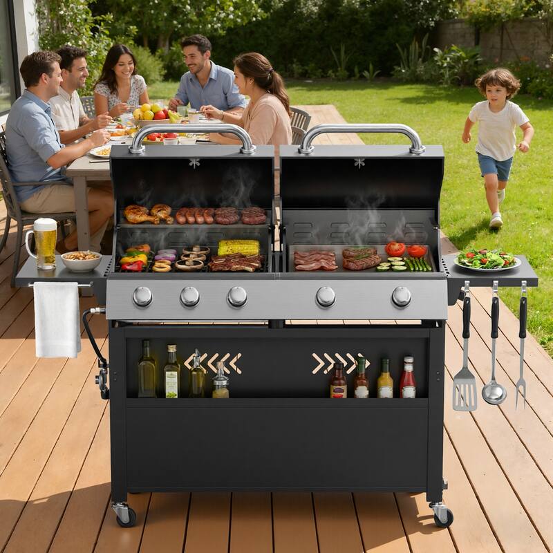64-Inch 5-Burner Outdoor Gas Grill with Left BBQ & Right Teppanyaki Griddle for Patio, Garden, Backyard