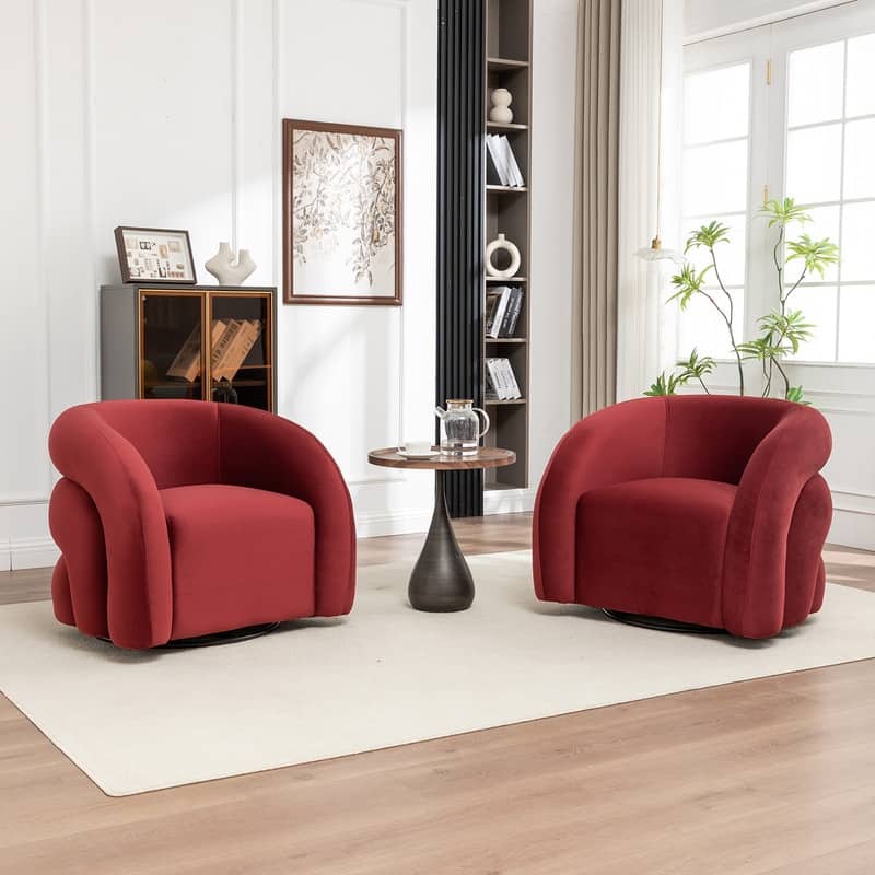 SEYNAR Modern Glam Velvet 360 Degree Swivel Accent Armchair with Tufted Back Set of 2 - Red
