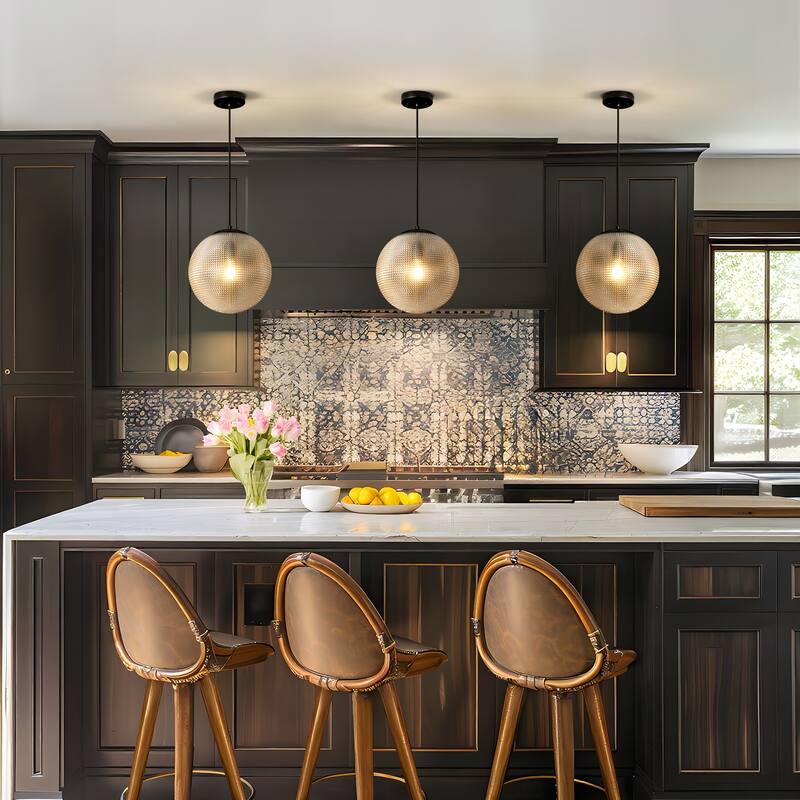 1-Light Modern Indoor Matte Black Finish Kitchen Island Pendant Lights with Globe Diamond Textured Grey/Clear Glass Shade