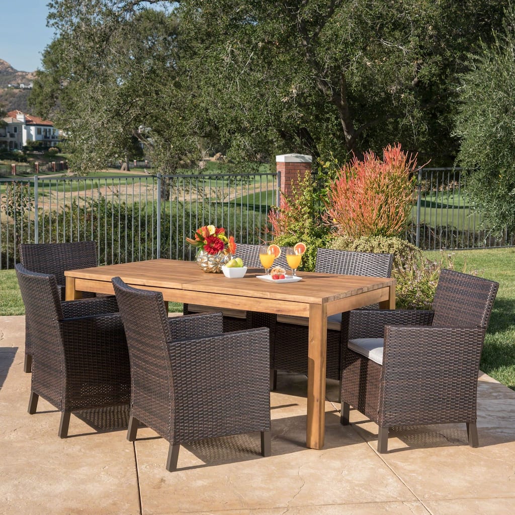 Cobalt Outdoor Wicker Wood Expandable Rectangle Dining Set with Cushions by Christopher Knight Home