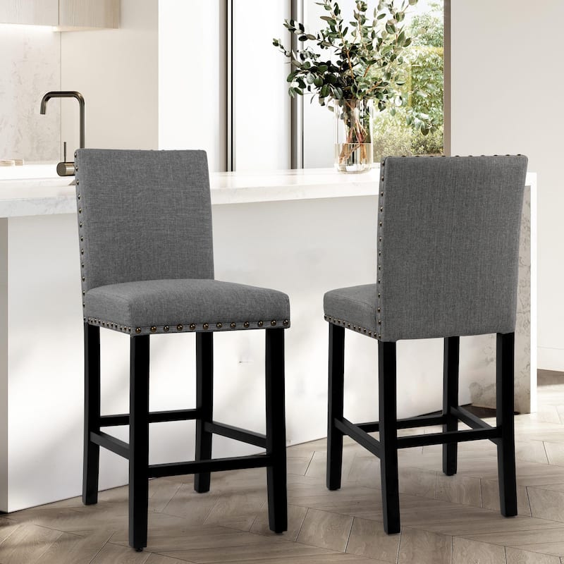 25 Inches Bar Stools Set of 2 Upholstered Counter Height Bar Stools with Back and Nailhead Trim - Grey-2-piece
