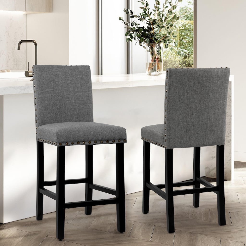 25 Inches Bar Stools Set of 2 Upholstered Counter Height Bar Stools with Back and Nailhead Trim