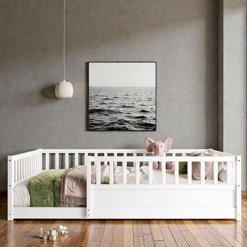 Montessori Wooden Floor Bed with High Safety Fence and Door, Pine Kids Floor Bed Frame for Boys and Girls
