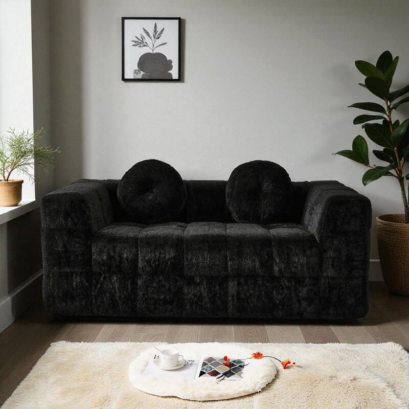 66.5" Modern Boneless Cloud Sofa, 2-Seater Foam Couch with Checkered Design & Plush Lychee-Textured Fabric, Circular Pillows - Black