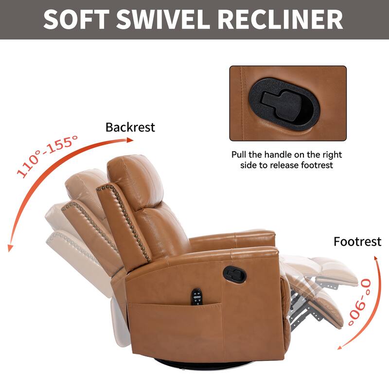 Roomfitters Genuine Leather Swivel Rocker Recliner, Manual Massage Glider with Heat and Top Grain Cowhide, Living Room