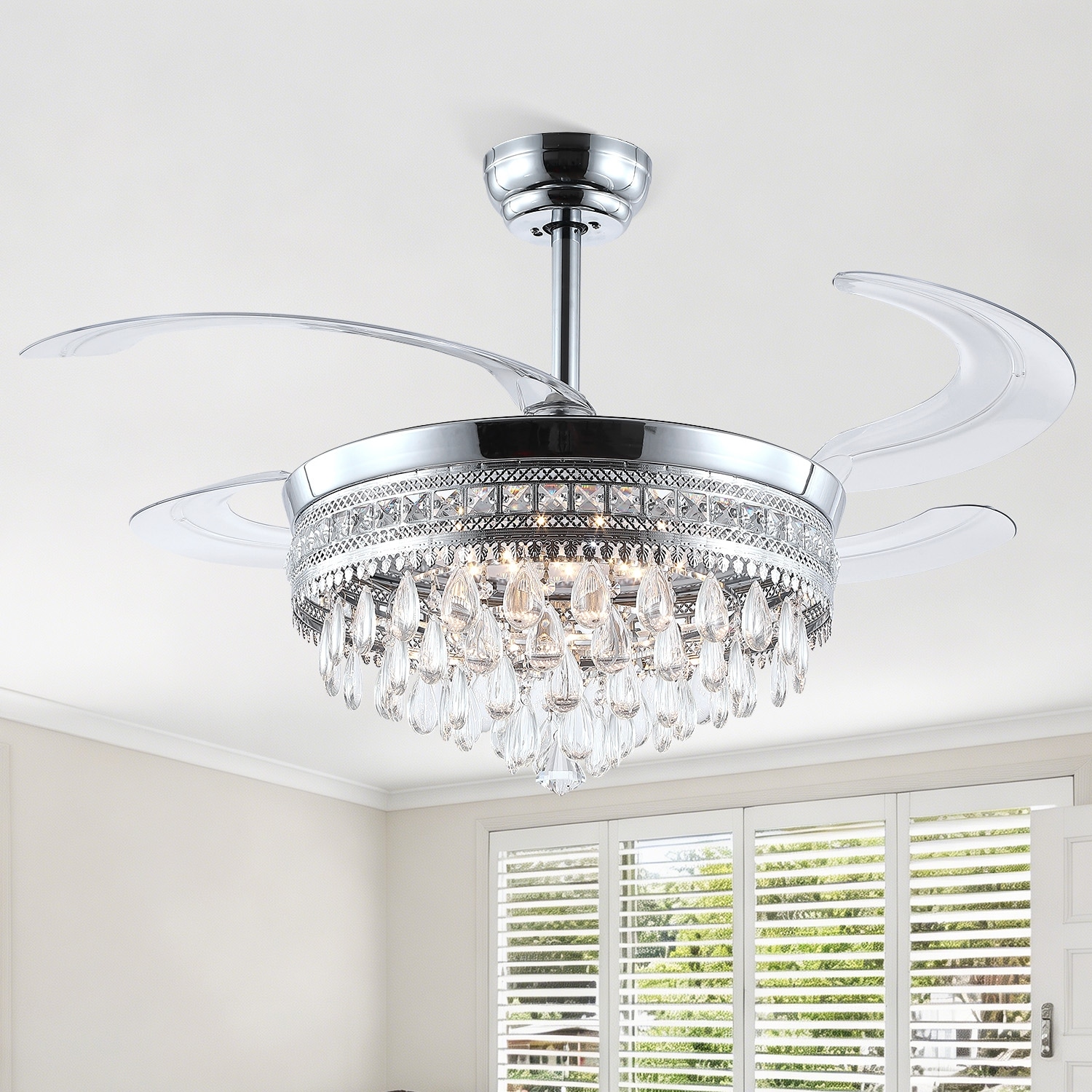 48" Crystal Fandelier Ceiling Fan with Light and Remote Retractable Blades - 48 Inches