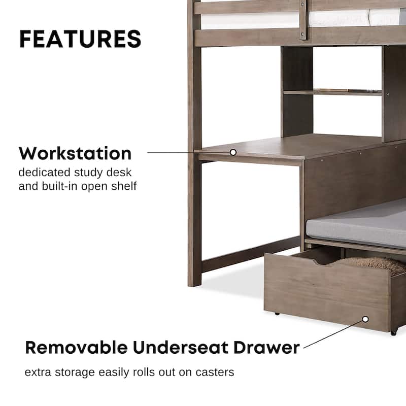 Furniture of America Wegh Solid Wood Twin Size Loft Bed with Workstation and Hidden Storage