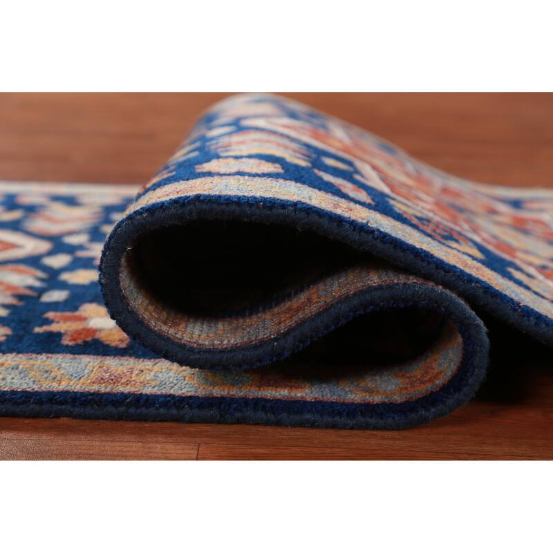 Hand Knotted Oriental 100% Wool Carpet Traditional Geometric Navy Blue & Blues Kazak Runner Rug - 7' 9'' X 2' 7''