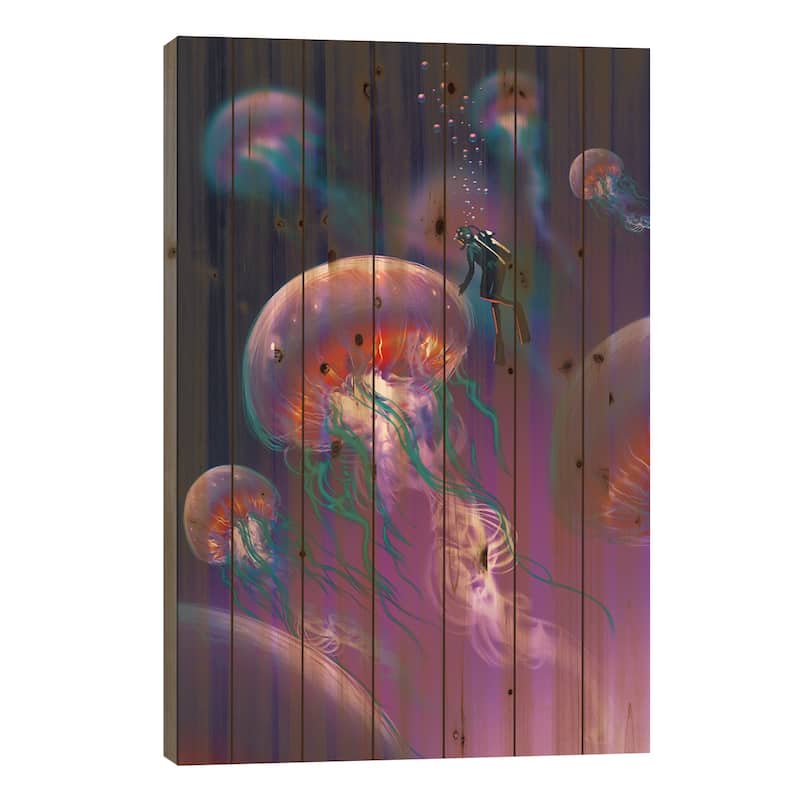 Glowing Jellyfishes Print On Wood by grandfailure - Multi-Color - 40x26x1.5