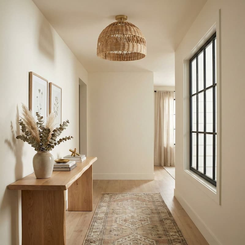 Radiant Rattan Flush Mount Rattan Natural 1-Light Handwoven Ceiling Light for Bedroom or Living Room in Farmhouse, Country Style