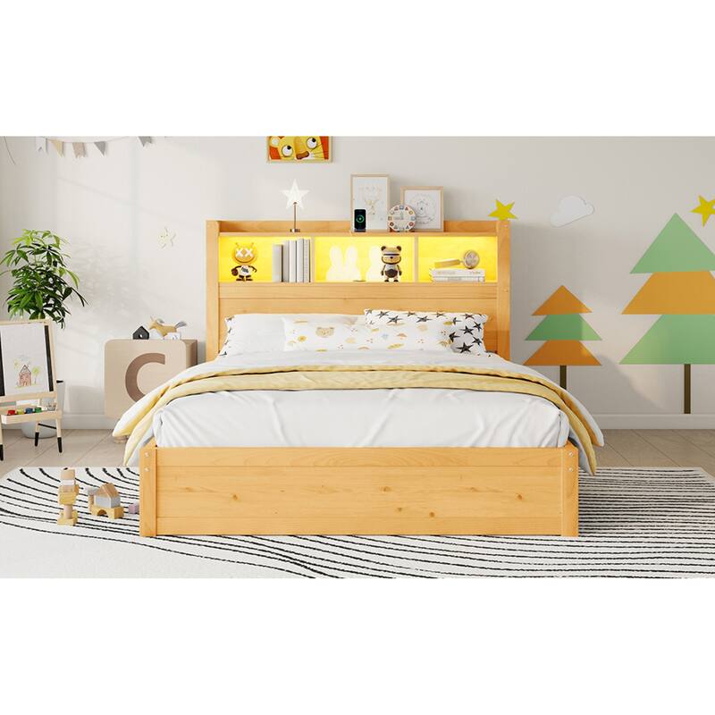 Roomfitters Twin/Full Platform Bed, LED Bookcase Headboard and Pull Out Storage Drawers with Wooden Frame for Bedrooms