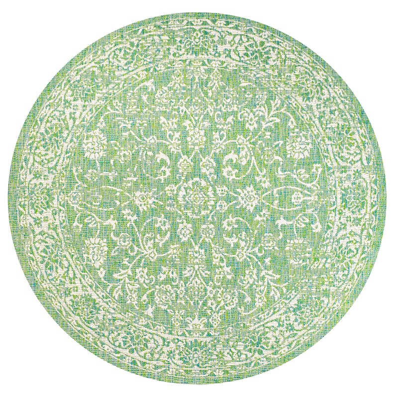 JONATHAN Y Sinjuri Bohemian Textured Weave Floral Indoor/Outdoor Area Rug - 5' Round - Cream/Green