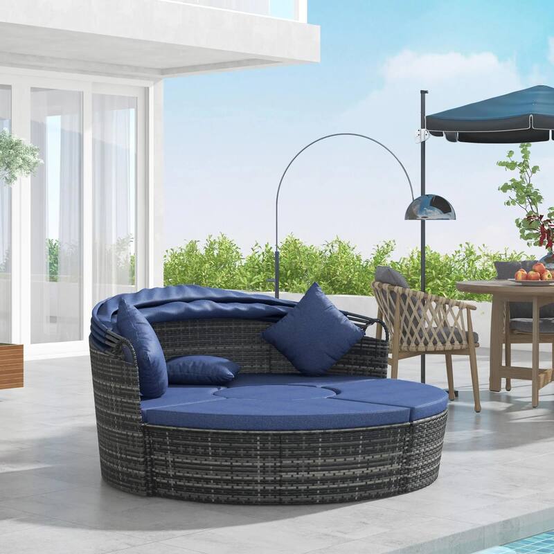 4PCS Rattan Furniture Set, Round Convertible Patio Daybed or Sunbed