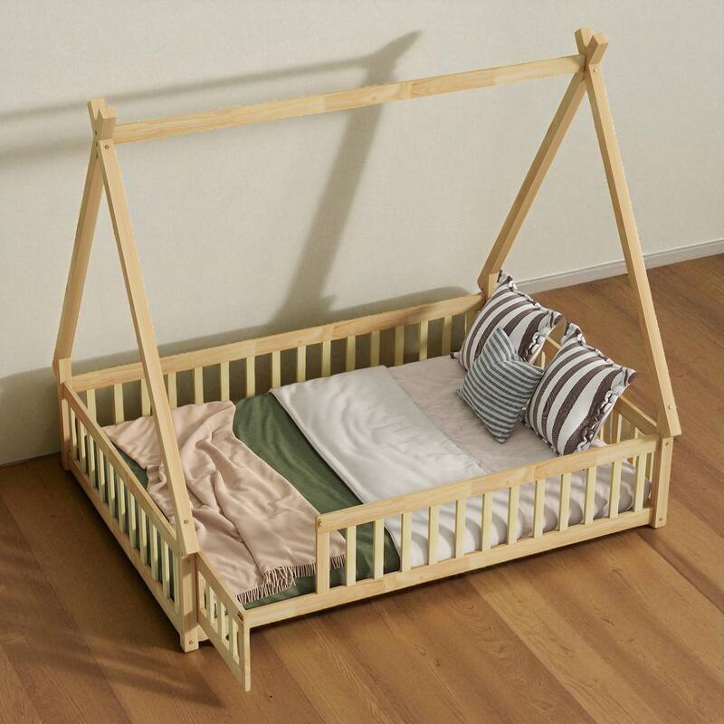 Full Size Rubber Wood Teepee Floor Bed with Guardrails, Slats and Door for Kids Bedroom