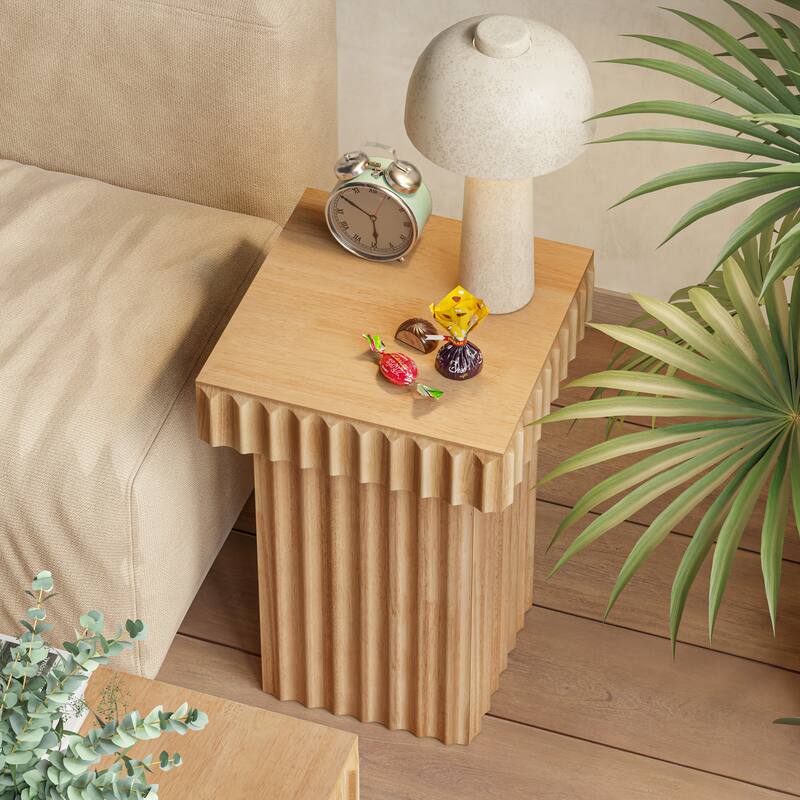 COZAYH Modern Square Fluted Solid Wood Coffee Table,Sculptural Accent Side Table with Textured Design