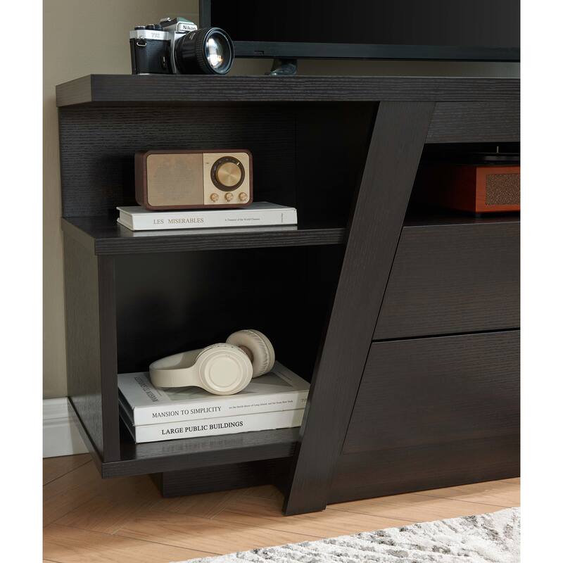 Two drawer tv stand cabinet tall with two cubbies divided shelf modern design - Espresso