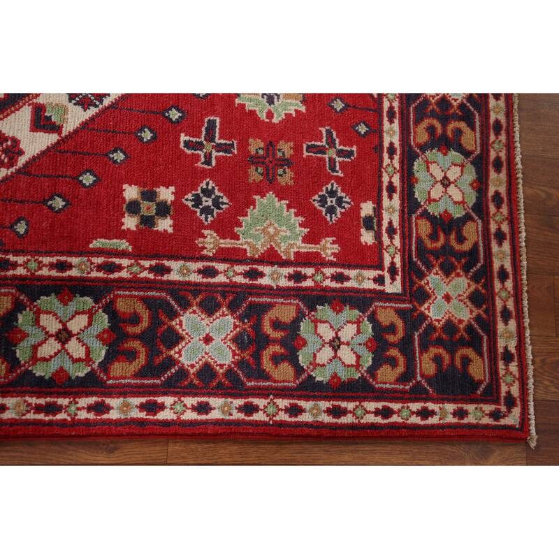 Geometric Red Kazak Oriental Foyer Rug Handmade Wool Carpet - 3'1" x 5'0"
