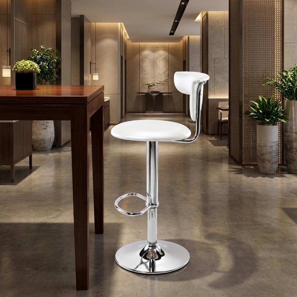 HomeRoots White And Silver Faux Leather And Metal Low Back Adjustable Height Bar Chair