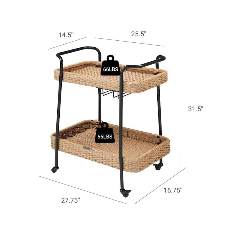 Outdoor Bar Cart with Wheels, 2-Tier Wicker Rolling Bar Beverage Cart