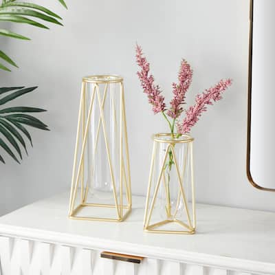 Glass Tube Vase with Metal Stand (Set of 2)