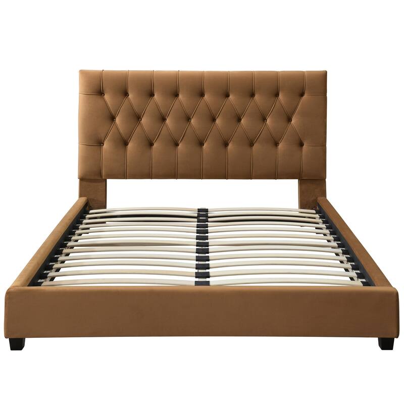 Donald Mid Century Modern Cognac Velvet Platform Bed - Cognac