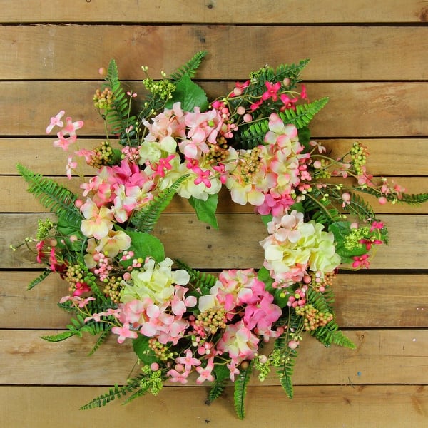 Hydrangea Flower Artificial Spring Wreath With Foliage Pink And Yellow 20 Inch Overstock 27622688