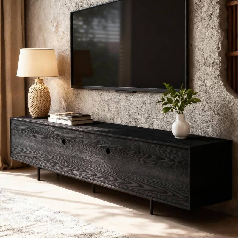 94.48 Inch Extra Long Black TV Stand with Slatted Doors, Modern Entertainment Center for TVs up to 100 Inches,