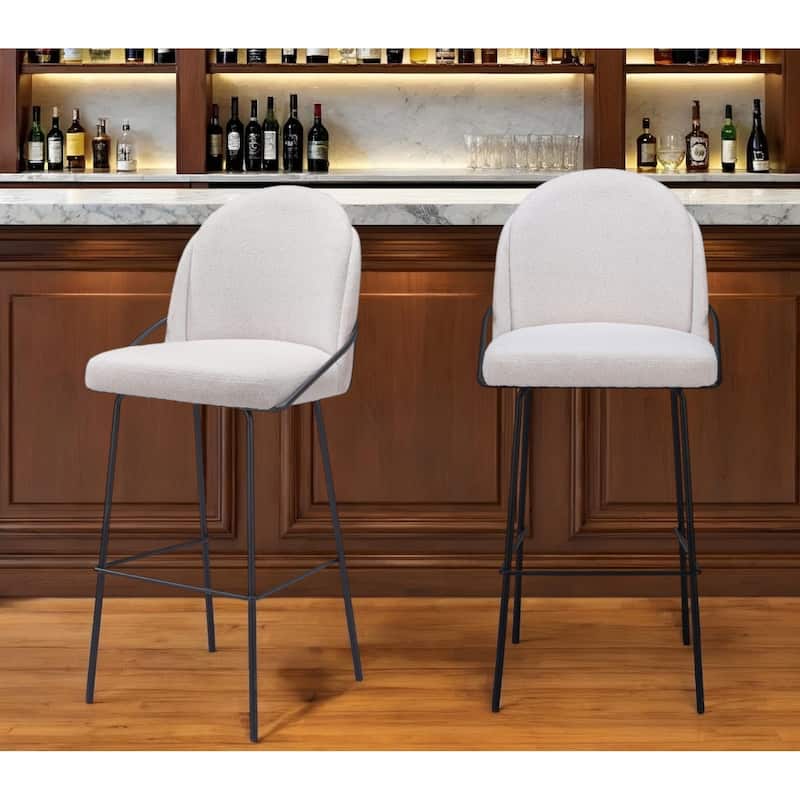 Set of Two 30" Ivory And Black Shearling And Steel Bar Height Bar Chairs - Ivory