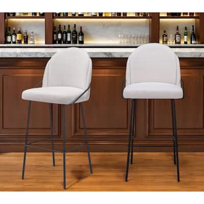 Set of Two 30" Ivory And Black Shearling And Steel Bar Height Bar Chairs